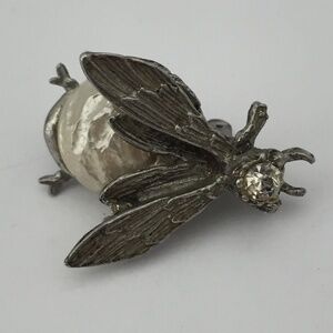 Vintage Brooch Insect Fly Bee Pin Baroque Faux? Pearl Silver Gray Tone  1.25"